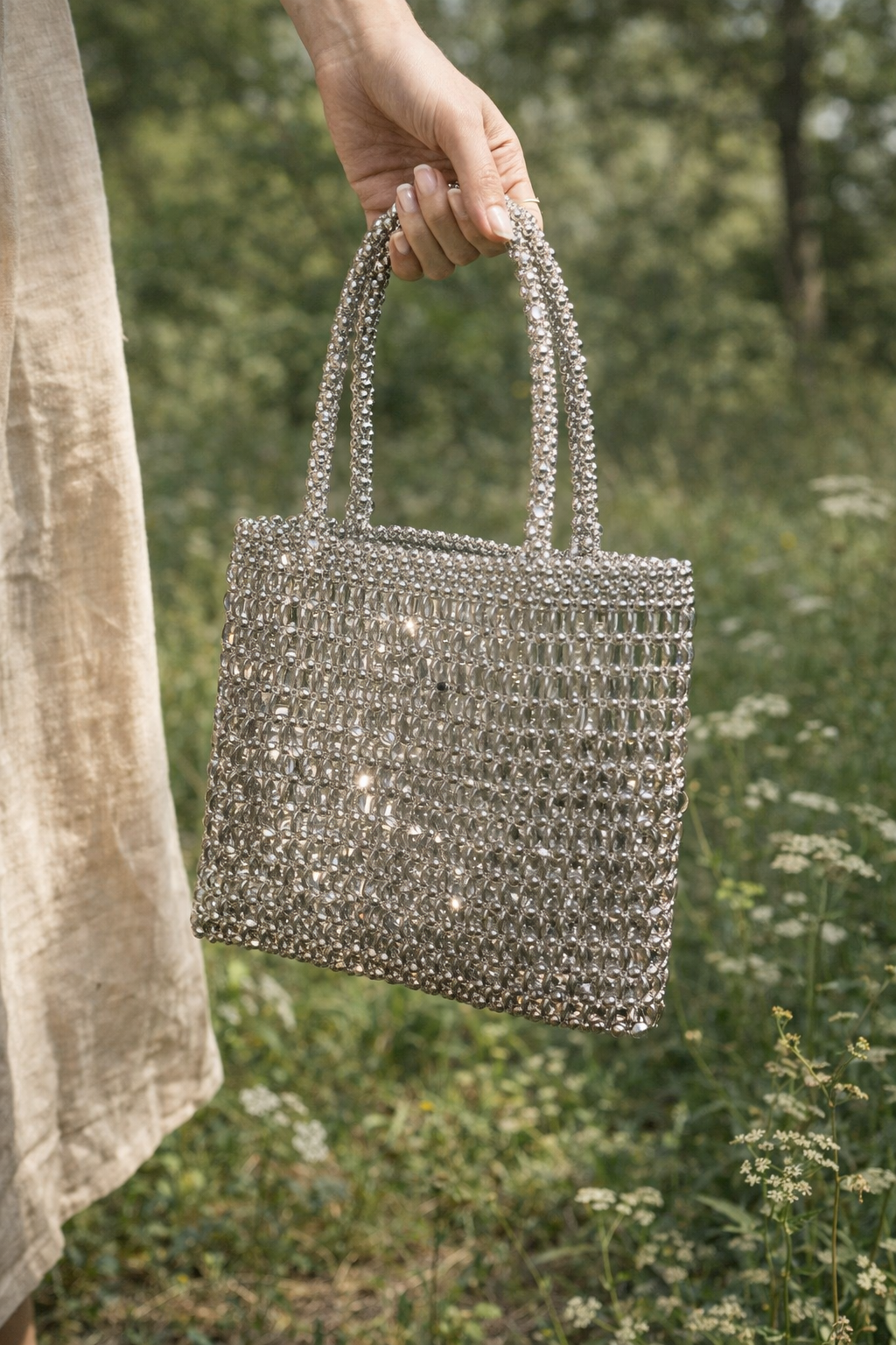 Silver Beaded Handbag